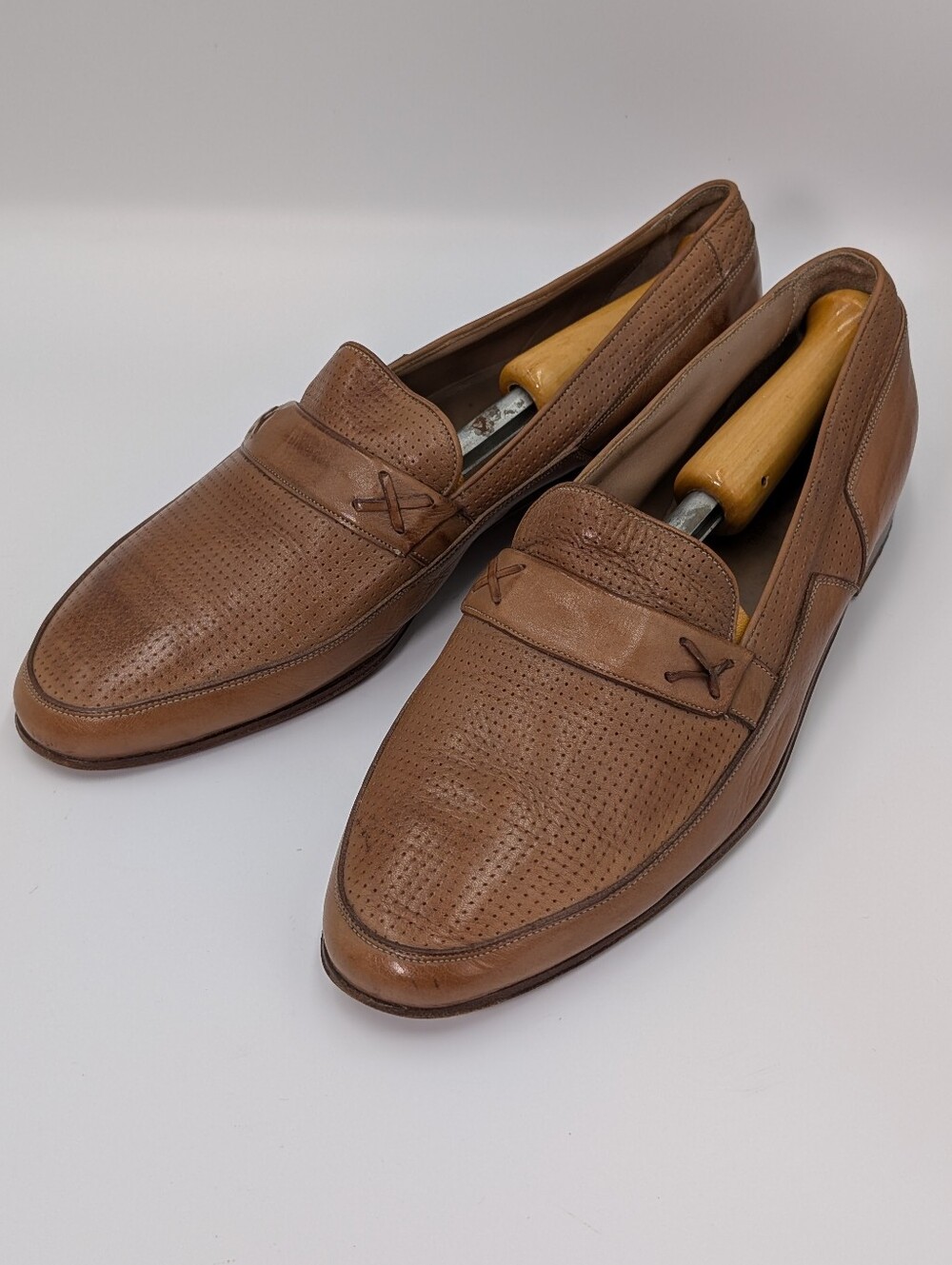 Italian Penny Loafers Natural Calf Leather With Perforated Texture Size 44EU